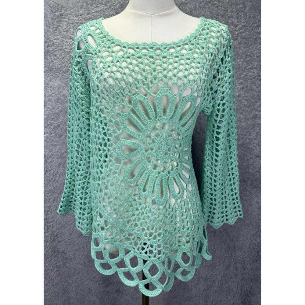 Boston Proper Womens Medium Mint Green Crochet Open Knit Beach Cover Up Boho Top